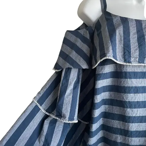 INC Women Top L Blue Monochromic Striped Tiered Flare Sleeve Ruffle Boho Girly Size L