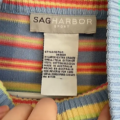 VINTAGE SAG HARBOR Blue Pink Yellow Rainbow Stripe Full Zip Sweatshirt / Sweater Size XL