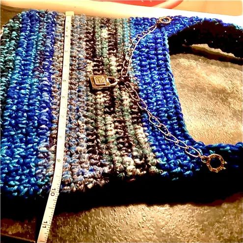 Crochet Shoulder Bag. Crossbody Knitted Woven Hobo Style w/ Blue & Tan Soft Yarn