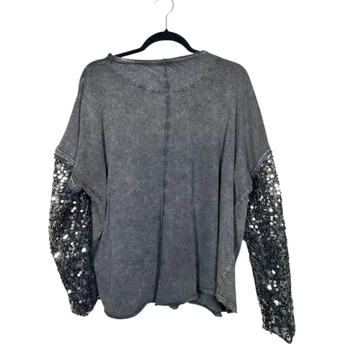 Free People  Celine Gray Long Sleeve Sequin Oversized Sheer Grunge Concert Small