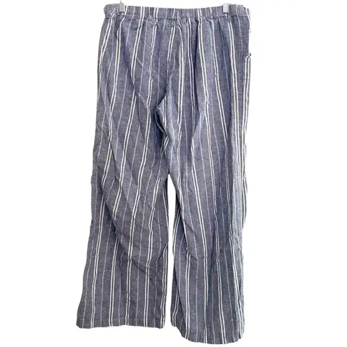 Just living Striped Wide Leg Pants Blue White Linen Blend Casual Comfy L Boho