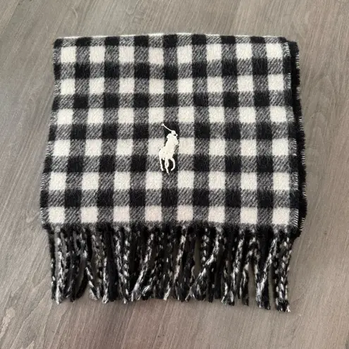 Polo Ralph Lauren Lamb wool black white gingham plaid fringe scarf NWOT