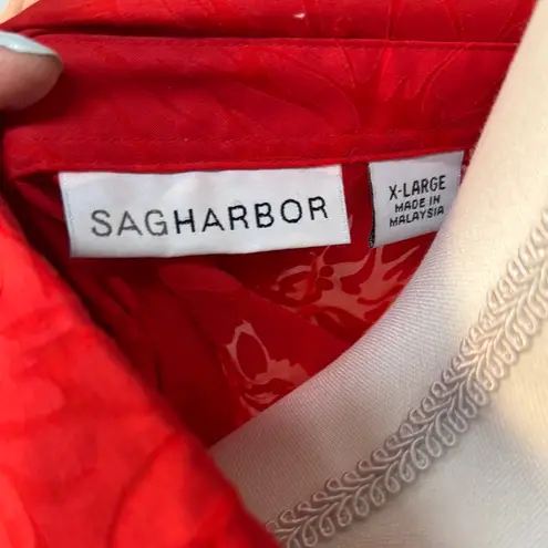 Sag Harbor Costal Grandma Blouse Red 3/4 Sleeve Button Floral Sheer XL Holiday