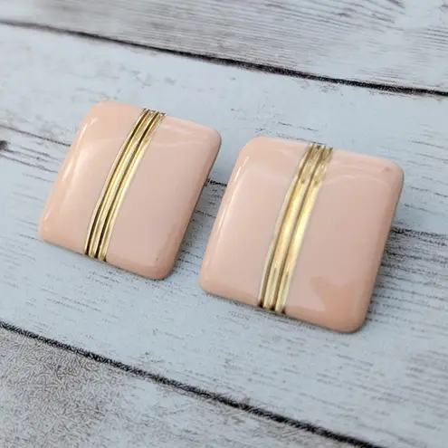 Vintage Stud Earrings Dusky Retro Peachy Pink Square with Gold Tone 1"