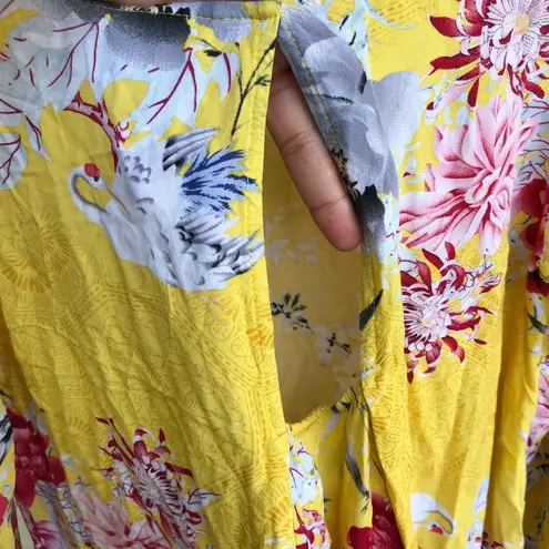 Jaase Women’s Shirt Tunic Yellow Floral Swan Ladder Lace Boho Medium