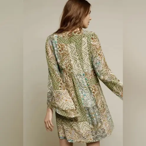 Anthropologie NWOT Green Floreat Dress Amelie 100% silk Kimono Style Boho size 4