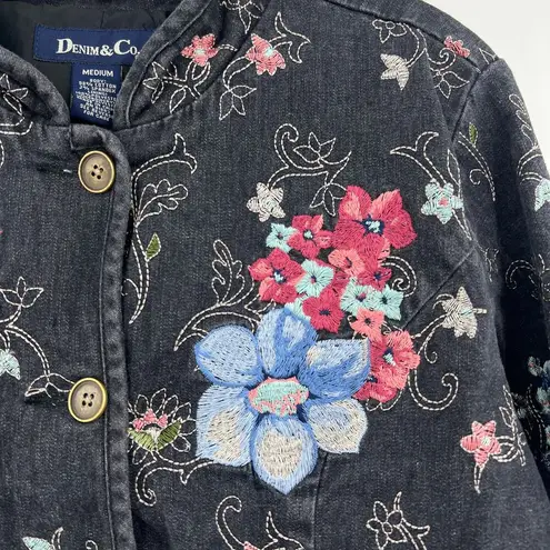 Denim & Co  (M) VINTAGE 90s Womens Black Floral Embroidered Button Up Jean Jacket