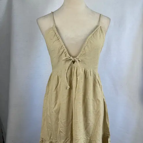 Sim & Sam Tan Linen Blend Tiered Maxi Sundress Tie Front Spaghetti Straps Small