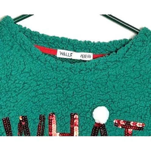 Green Sherpa Women's Christmas "WHAT THE ELF" Sequin Sweatshirt M Soft Festive Size M