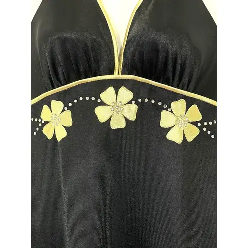 Vintage 70s De Weese Swim Dress Halter Mod Maxi Black Gold Rhinestone Size 9/10