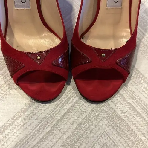Jimmy Choo Women’s Red Suede Rocky Peep-Toe Pumps