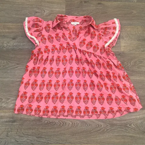 THML Pink & Red Cotton Flutter Sleeve Collared Blouse - Women’s Medium
