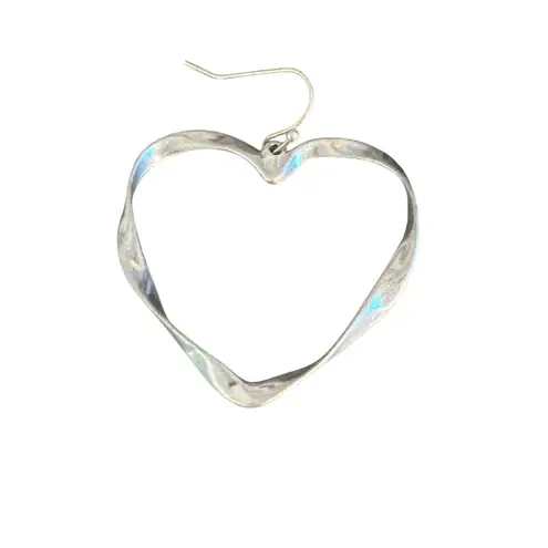 Vintage Silver Tone Heart Hoop Dangle Earrings Twisted Hammered Hook 2" Estate