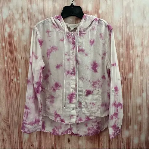 Rachel Zoe  Pink Tie Dye Hooded Button Front Linen Shirt