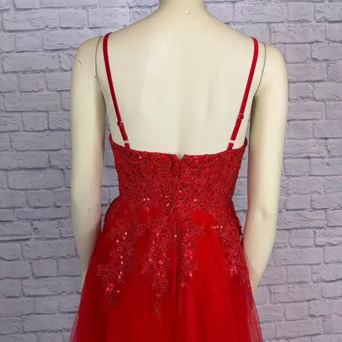 Handmade Red V Neck Spaghetti Straps Tulle Beaded Lace Long Evening Prom Dress size small