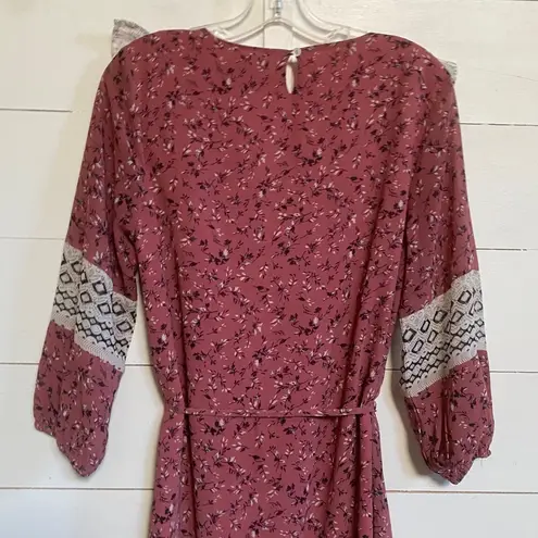 Piper & Scoot Women's Pink Boho Floral Prairie Midi Dress Small Tie belt S - EUC