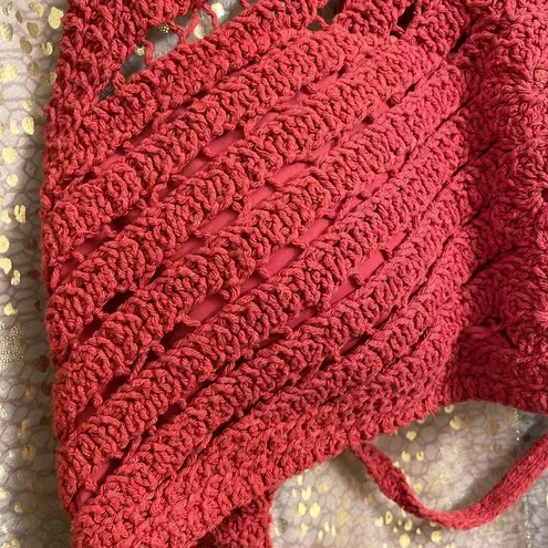 Crocheted burnt rust orange high neck halter boho bikini swim top, size M/L Orange Size M