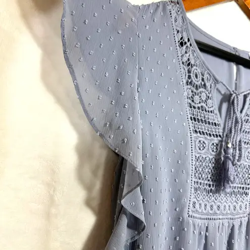 DR2 Medium Baby Blue Ruffle Shoulder Top Boho Tied Lace Clip Dot Work Cute Girly