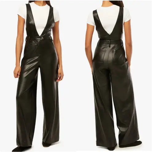 We Wore What Overall Womens 32 Black Faux Leather Deep V Flare Jumpsuit Stretch
