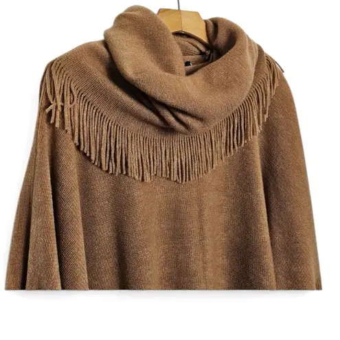 Marvelush Tan Fringe Poncho with Detachable Scarf One Size Boho Cozy Fall Layer