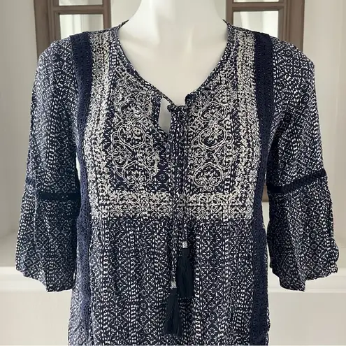 Artesia Boho Dress Casual Mini with Neck Ties Tassels Navy Cream Size S