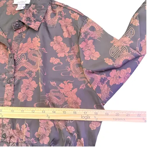 Just Polly Oriental Asian Dragon Crop Top Size XL Floral Black Long Sleeve