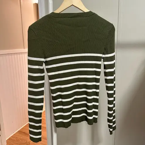 Olive Green and White Striped Ribbed Longsleeve V