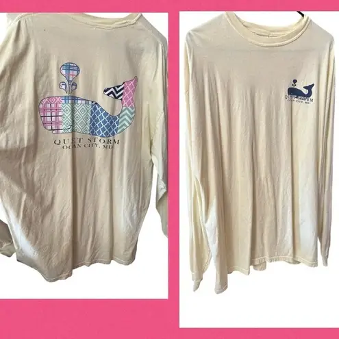 QUIET STORM SURF SHOP Y2K graphic tee. Pale yellow, pastel whale, XL, 23β P2P Yellow