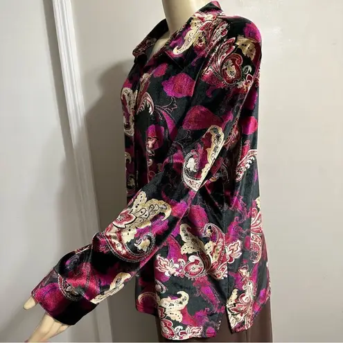 Vintage Y2K Denim & Co Floral Paisley Button Up Velvet Top Size 1X Whimigoth