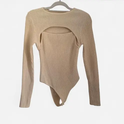 Restyled Cream Ribbed Knit Layered Bodysuit + Half Sweater Set – Size 6 / M 🤍✨ Tan