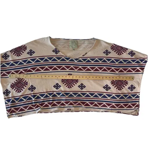 Woman’s Southwest Tribal Geometrical Tunic Top S M Oversized Short Sleeve Flowy Tan Size M
