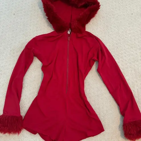 She Devil Costume Zip Up Red Romper Hoodie with Fur Hood Size M