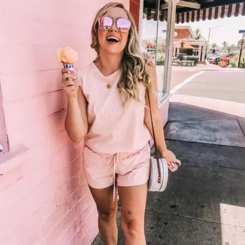 ALBION FIT Pink Romper Size Small Ruffle Sleeve Active Lounge One Piece Shorts