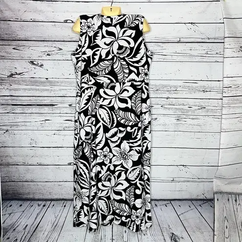 Denim & Co . Size L Black & White Tropical Floral Print Knit Maxi Tank Dress