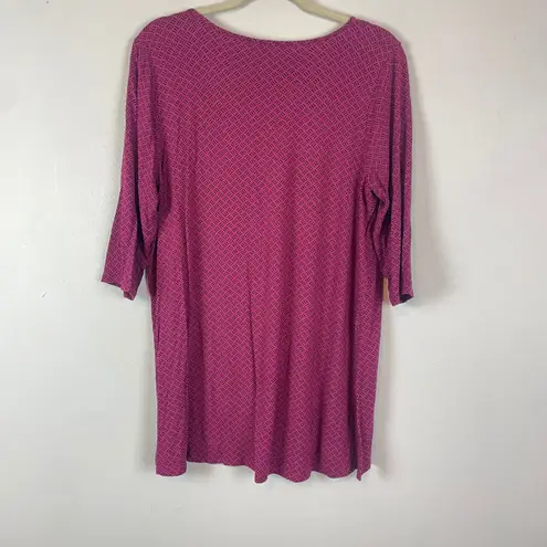 J Jill Wearever Collection Magenta Geometric Print 3/4 Sleeve V Neck Tunic Top M Pink Size M