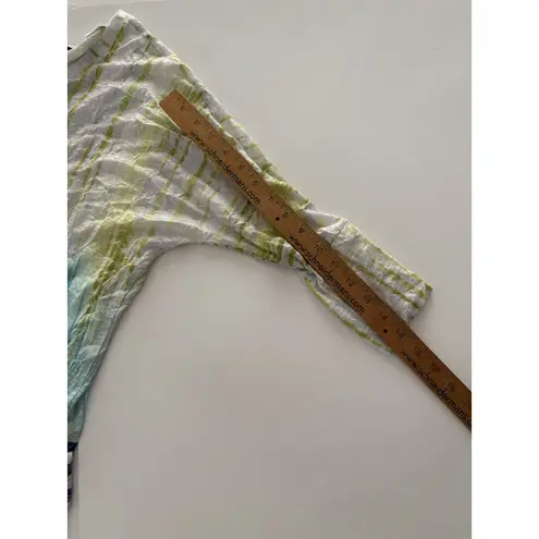 David Cline Top Size M Blue Green White Stripe Print Crinkle Semi Sheer Size M