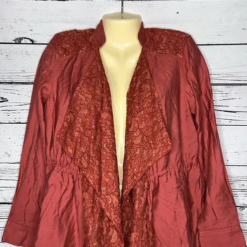 LOGO By Lori Goldstein Size 4 Pink - Floral Lace Trim Open Front Drape Jacket