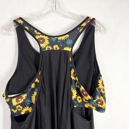Plus Size 4XL Giselle Light Built In Bra Swing Tank Sunflower Print Black 397