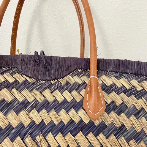 MAR Y SOL Baja Large Carry All Tote In Hand Woven Raffia Bag Navy Blue