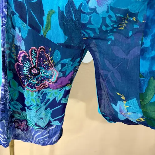 Half Moon Bay Womens Blue Floral Beaded Embroidered Open Kimono Sz L Boho Hippie Size L