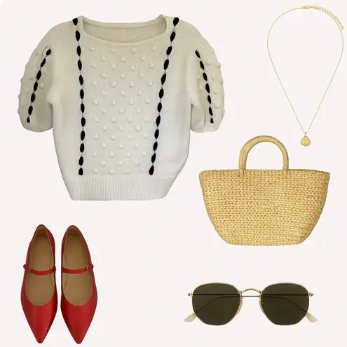 Vintage Hand Knit French Girl Preppy Coastal Short Sleeve Sweater With Pom Poms White