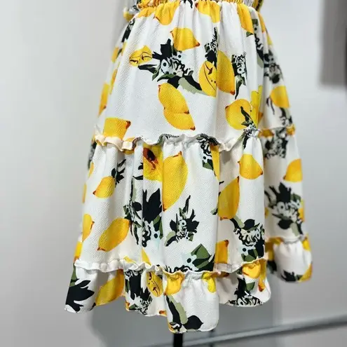 Angashion White and Yellow Strapless Floral Print Smocked Mini Dress Size S Women’s