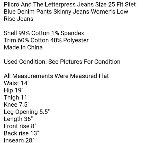 Pilcro and the Letterpress Jeans Size 25 Fit Stet Blue Denim Pants Skinny Jeans Women's Low Rise Jeans