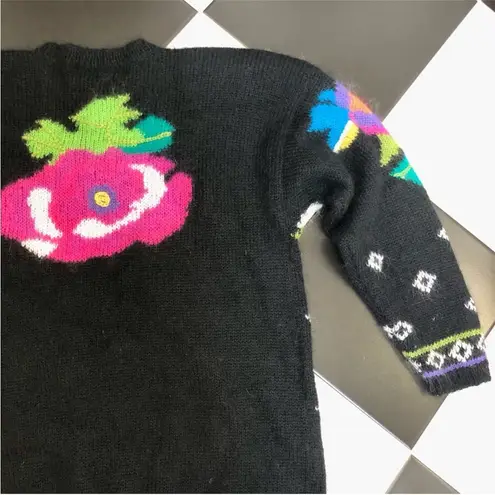 Vintage 80s Vivian Wang Kitty Hawk Oversized Sweater Floral Pattern Mohair sz S Multiple