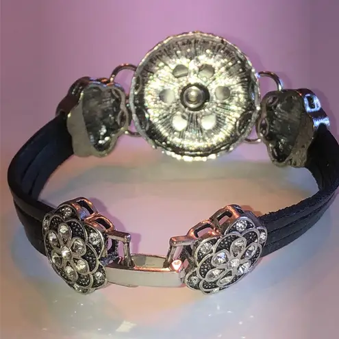 Elegant Black and Silver Tone CZ Rhinestone Snap On Anchor Charm Bracelet