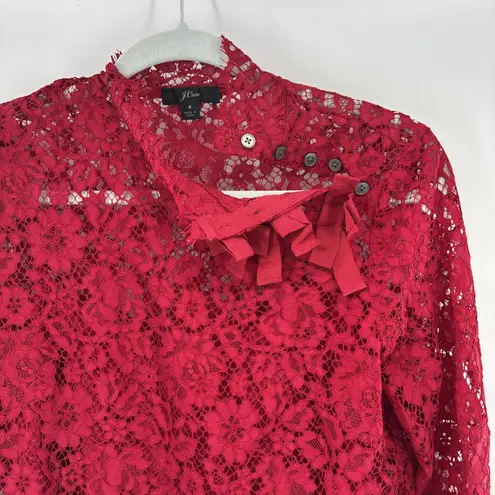 J. Crew MockNeck Top Blouse Floral Lace Red Button Ribbon Holiday Party Whimsy 4