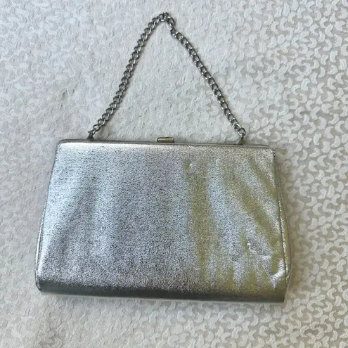Vintage Silver Metallic Evening Bag Clutch with Chain Strap Prom Party