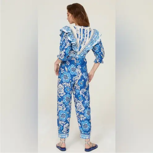 Farm Rio Full of Flowers Vibrant Blue & White Floral Jumpsuit Lace Trim sz Large