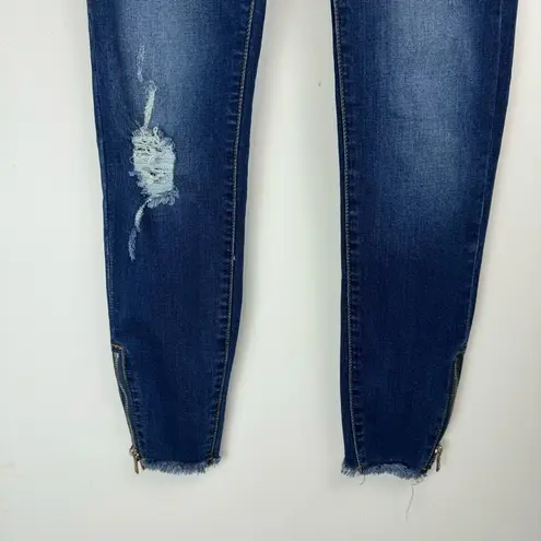 Kancan High Rise Skinny Jeans Sz 25 Distressed Zipper Raw Hem Dark Wash Blue