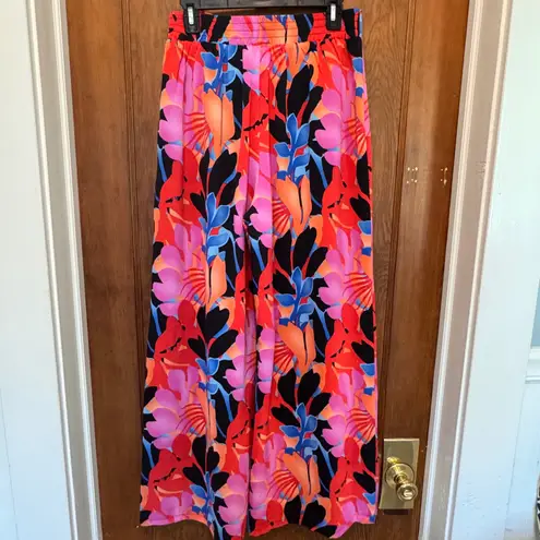 Lulus Island Floral Print Wide Leg Pants Colorful Tropical High Waist Side Zip L Black Size L